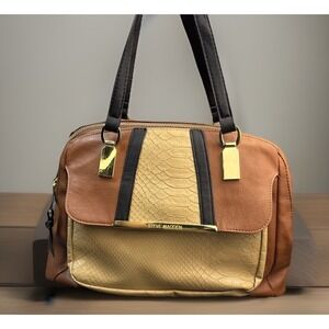Steve Madden Satchel Frances Pebbled Snake Faux Leather Brown Gold‎ Tone Retro